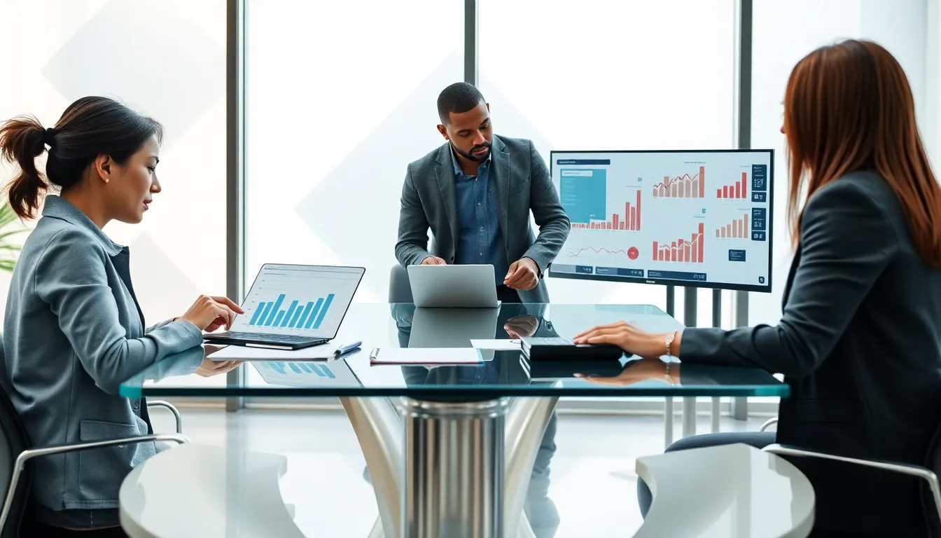 diverse professionals collaborating on data analysis in a modern office.
